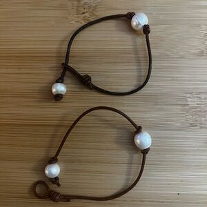 Real Freshwater Pearl Accent Brown Faux Leather Loop Clasp Bracelets (Set of 2)